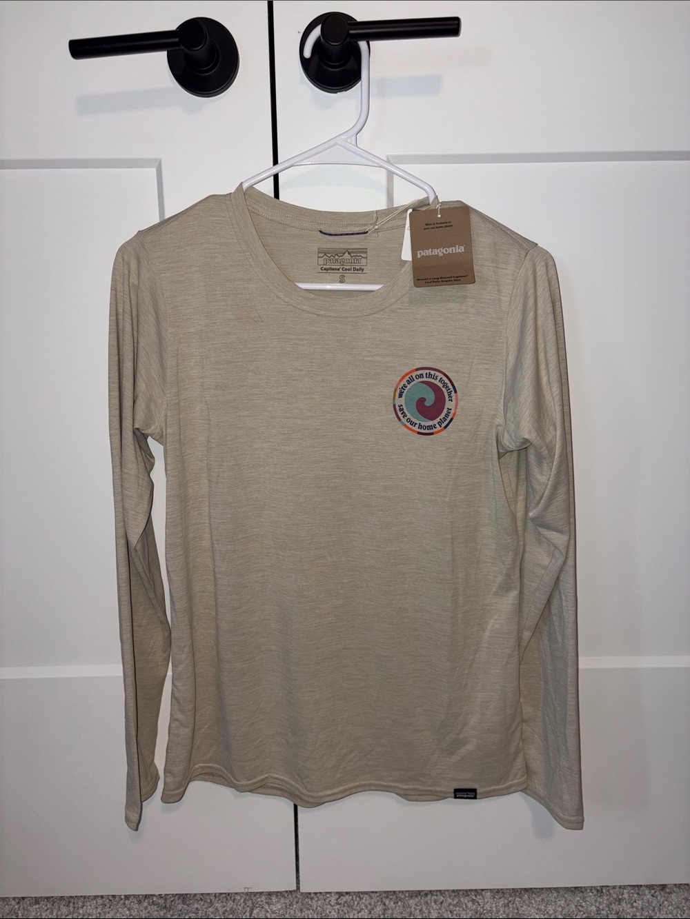 Patagonia Women’s Long-Sleeve Crew Shirt - Light Tan with Multicolor Chest Logo